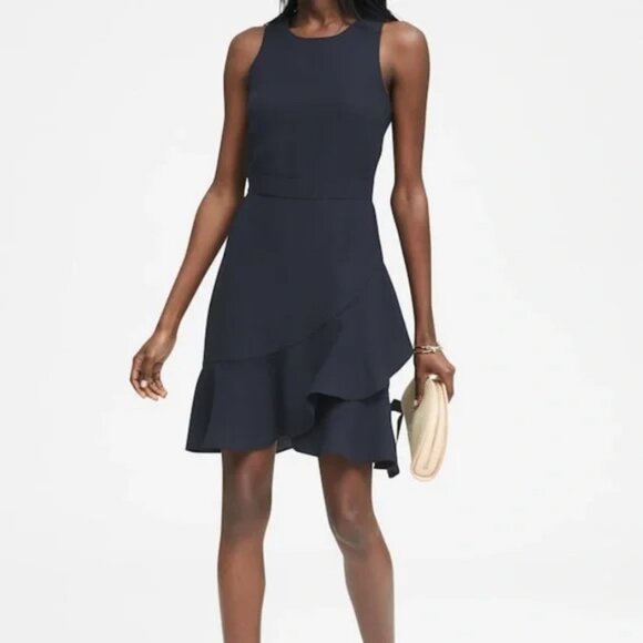 Banana Republic Black Fit Flare RacerBack Faux Wrap Ruffle Sleeveless Dress 0 - Picture 7 of 10